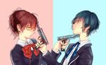  1boy 1girl artist_request blue_eyes blue_hair brown_hair female_protagonist_(persona_3) gun md5_mismatch persona persona_3 simple_background weapon yellow_eyes yuuki_makoto 