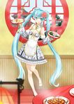  :p agonasubi blue_eyes blue_hair chinese_clothes double_bun dress food hatsune_miku highres lolita_fashion long_hair mapo_doufu plate qi_lolita solo table tongue tongue_out twintails very_long_hair vocaloid waitress window 