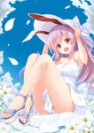  animal_ears bad_id bad_pixiv_id bare_arms bare_legs bunny_ears day dress flower hands_on_headwear hat long_hair open_mouth panties pantyshot pink_hair red_eyes reisen_udongein_inaba sandals solo striped striped_panties sun_hat sundress takehana_note touhou underwear 