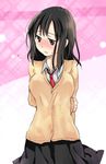  arms_behind_back blush brown_hair long_hair natsumi_(nanahyaku_nijuu_san) necktie saki school_uniform skirt solo sweatdrop touyoko_momoko tsuruga_school_uniform 
