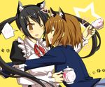  2girls animal_ears black_hair blush brown_eyes brown_hair cat_ears cup eyes_closed female heart hearts hirasawa_yui hug k-on! long_hair maid multiple_girls nakano_azusa open_mouth school_uniform short_hair star teacup twintails very_long_hair wink yuri 