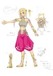 armlet armor bangs bare_shoulders blonde_hair blunt_bangs bracelet braid breastplate breasts brown_eyes closed_mouth directional_arrow final_fantasy final_fantasy_xii full_body jewelry long_hair looking_at_viewer midriff navel outstretched_arm pants penelo pink_pants puffy_pants sandals see-through siratama_anmitsu sketch small_breasts smile standing stomach twin_braids 