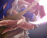  bad_id bad_pixiv_id foreshortening from_below hair_bobbles hair_ornament hands konoe_yuba onozuka_komachi perspective red_eyes red_hair scythe short_hair solo touhou two_side_up 
