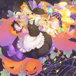  blonde_hair braid halloween hat jack-o'-lantern kirisame_marisa orange_legwear pantyhose pumpkin short_hair solo striped striped_legwear tomobe_kinuko touhou witch_hat yellow_eyes 