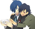  blue_hair handheld_game_console hosuke male_focus multiple_boys persona persona_1 persona_3 playstation_portable sweat toudou_naoya yuuki_makoto 