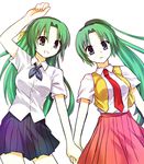  blue_eyes green_hair half_updo higurashi_no_naku_koro_ni holding_hands long_hair multiple_girls necktie ponytail red_neckwear siblings sisters skirt sonozaki_mion sonozaki_shion twins vest yuri_(momo111yuri) 