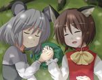  animal_ears bad_id bad_pixiv_id cat_ears chen closed_eyes dappled_sunlight earrings fang grass hat holding_hands jewelry masara mouse_ears multiple_girls nazrin necklace open_mouth shade smile sunlight touhou yuri 