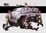  bad_source brown_hair car concept_art ground_vehicle gun karanak machine_gun motor_vehicle multiple_girls original shorts weapon 