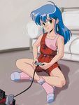  ahoge bandaid bandaid_on_knee blue_hair canadawbd earrings famicom game_console green_eyes highres indian_style izumi_konata jewelry lucky_star mole mole_under_eye oldschool overalls pink_legwear playing_games sitting slippers smile socks solo 