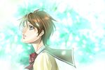  brown_hair feathers glowing kanzaki_hitomi lips school_uniform short_hair solo tajima_minato tenkuu_no_escaflowne 