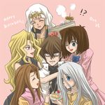  1boy 5girls birthday black_hair blonde_hair blue_eyes blush brown_hair cake chikuwa clenched_teeth closed_eyes constricted_pupils domino_high_school_uniform egyptian food fork harem ishizu_ishtar jewelry kaiba_seto kawai_shizuka kisara komaki3 kujaku_mai long_hair mazaki_anzu multiple_girls nervous oden one_eye_closed pastry pendant pot silver_hair smile stew sweat teeth turn_pale yuu-gi-ou yuu-gi-ou_duel_monsters 