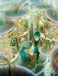  ame_(conronca) aquarium blue_hair boots cross-laced_footwear fish green_eyes green_hair highres jar lace-up_boots male_focus original plant sitting solo tube water 