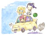  bad_id bad_pixiv_id car casual chibi food fruit ground_vehicle kanbara_satomi kuma_jet motor_vehicle multiple_girls saki senoo_kaori tsuyama_mutsuki watermelon 