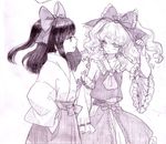  blush bow cosplay detached_sleeves frown graphite_(medium) hair_bow hair_tubes hakama hakurei_reimu hakurei_reimu_(classic)_(cosplay) hakurei_reimu_(cosplay) hakurei_reimu_(pc-98) hana-kagume japanese_clothes kirisame_marisa long_hair long_skirt miko monochrome multiple_girls purple shy sketch skirt skirt_set touhou touhou_(pc-98) traditional_media 