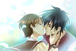  1girl black_hair brown_hair closed_eyes couple feathers glowing grey_eyes hetero imminent_kiss kanzaki_hitomi kiss pink_eyes school_uniform shirt short_hair sleeveless sleeveless_shirt tajima_minato tenkuu_no_escaflowne van_fanel 