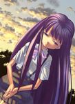  blue_eyes bow cloud dutch_angle evening furude_rika hands_together highres higurashi_no_naku_koro_ni leaning long_hair own_hands_together pink_bow purple_hair rin2008 sad sky solo sunlight sunset suspenders very_long_hair 