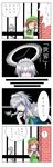  4koma ? ao_usagi braid comic gate glowing glowing_eyes hairband hat highres hong_meiling izayoi_sakuya jojo_no_kimyou_na_bouken multiple_girls parody red_hair scarf silver_hair sneezing surprised time_stop touhou translated twin_braids za_warudo 