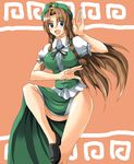 blue_eyes blush braid breasts brown_hair china_dress chinese_clothes covered_nipples dress hat hong_meiling large_breasts long_hair ment ribbon solo touhou 