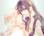  1girl bad_id bad_pixiv_id chin_grab couple estellise_sidos_heurassein green_eyes hetero highres imminent_kiss long_hair nicolat open_clothes open_shirt pink_hair purple_eyes purple_hair shirt short_hair smile tales_of_(series) tales_of_vesperia tears wet wet_hair wrist_grab yuri_lowell 