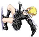  beelzebub_(manga) blonde_hair blue_eyes breasts cleavage concealed_sword elbow_gloves foreshortening gloves gothic_lolita hair_over_one_eye hilda_(beelzebub) lace large_breasts lolita_fashion minarai one_knee pixel_art sideways solo squatting sword sword_cane upskirt weapon 