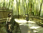 bad_id bad_pixiv_id bamboo bamboo_forest commentary forest kyoto looking_back maribel_hearn multiple_girls nature road running scenery shade sunlight tokoroten_(hmmuk) touhou usami_renko wall 