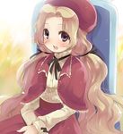  brown_hair capelet code_geass dress hat kl long_hair long_sleeves nunnally_lamperouge open_mouth purple_eyes sitting solo twintails 