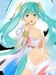  aqua_eyes aqua_hair bad_id bad_pixiv_id bare_shoulders bracelet contrapposto curvy hair_ribbon hands hatsune_miku headset jewelry long_hair midriff navel off_shoulder open_mouth ribbon shawl solo standing twintails umishima_senbon vocaloid 