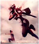  armor bag black_pants blurry bodysuit breastplate cloud cloudy_sky diamond_(symbol) english handbag helmet long_sleeves motion_blur outstretched_arms over_shoulder pants pepper_project power_suit running signature sky solo_focus ukitakumuki 