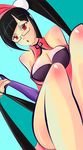  1girl arc_system_works bare_shoulders black_hair blazblue blazblue:_calamity_trigger bra breasts cleavage female glasses hair_ornament large_breasts legs lingerie litchi_faye_ling long_hair red_eyes solo underwear 