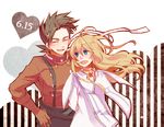  1girl arms_behind_back blonde_hair blue_eyes blush brown_hair closed_eyes collet_brunel couple gloves happy heart hetero jewelry lloyd_irving long_hair necklace red_shirt sarai shirt short_hair smile tales_of_(series) tales_of_symphonia 