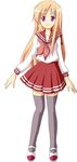  flower hair_ornament hairclip long_hair lucky_star minegishi_ayano orange_hair pink_neckwear purple_eyes ruu_(tksymkw) ryouou_school_uniform school_uniform serafuku shoes solo thighhighs uwabaki zettai_ryouiki 