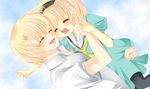  1girl bad_id bad_pixiv_id blonde_hair brother_and_sister higurashi_no_naku_koro_ni houjou_satoko houjou_satoshi hug kairi_(oro-n) pantyhose siblings smile 