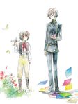  aircraft airplane artist_request ashford_academy_uniform black_hair child code_geass dual_persona flower flying_paper lelouch_lamperouge male_focus multiple_boys non-web_source origami overalls paper paper_crane purple_eyes school_uniform source_request toy younger 
