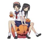  back-to-back black_footwear blue_skirt expressionless eyebrows_visible_through_hair flower hair_flower hair_ornament head_wreath heel_raised holding jack-o'-lantern kizaki legs long_hair multiple_girls neckerchief on_lap open_mouth pleated_skirt pumpkin sakugawa_school_uniform saten_ruiko school_uniform serafuku short_hair short_sleeves simple_background sitting skirt to_aru_kagaku_no_railgun to_aru_majutsu_no_index uiharu_kazari white_background 