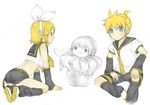  1girl bad_id bad_pixiv_id blonde_hair blue_eyes bow formalin headphones kagamine_len kagamine_rin megurine_luka shorts takoluka vocaloid 