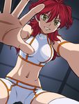  breasts cameltoe covered_nipples earrings foreshortening freckles from_below gundam gundam_00 hands haruyama_kazunori jewelry medium_breasts midriff navel nena_trinity pov red_hair solo spandex thighhighs two_side_up yellow_eyes 