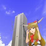  1girl :&lt; bad_id bad_pixiv_id building chestnut_mouth closed_mouth crack destruction giantess horns ibuki_suika kuro_oolong open_mouth skyscraper solo touhou v-shaped_eyebrows 
