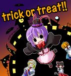  alice_margatroid animal_ears bandages bat blue_hair brown_hair cat_ears cat_tail chibi gap ghost hakurei_reimu halloween hinanawi_tenshi ichimi jack-o'-lantern karakasa_obake long_hair multiple_girls nagae_iku pumpkin purple_hair pyonta short_hair solid_circle_eyes tail tatara_kogasa tongue touhou trick_or_treat umbrella 