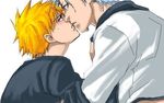  2boys arrancar bleach blue_hair blush espada grimmjow_jaegerjaquez grimmjow_jaggerjack hollow japanese_clothes kiss kurosaki_ichigo lowres male male_focus multiple_boys orange_hair short_hair surprised sweatdrop yaoi 