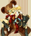  1girl armpits bare_shoulders belt blonde_hair blue_eyes boots bow brother_and_sister detached_sleeves hair_ornament hair_ribbon hairclip headphones kagamine_len kagamine_rin locked_arms midriff necktie ribbon short_hair shorts siblings sitting striped stuffed_animal stuffed_toy teddy_bear thighhighs twins vocaloid yoshi_92 