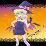  1girl bow cape costume gloves halloween happy_halloween hat multicolored_hair nia_teppelin pink_bow ribbon saikachi_(ogre_tree) short_hair skull sleeveless smile solo striped tengen_toppa_gurren_lagann thighhighs two-tone_hair wand witch witch_hat younger 