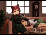  animal_ears arm_cannon bad_id bad_pixiv_id black_hair bored braid cat_ears chin_rest couch dress face fetal_position hair_ribbon hair_twirling kaenbyou_rin kurione_(zassou) lap_pillow lying multiple_girls one_eye_closed red_eyes red_hair reiuji_utsuho ribbon sitting touhou twin_braids weapon 