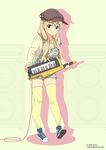  beret blonde_hair blue_eyes casual hat highres instrument k-on! keytar kimura_shigetaka kotobuki_tsumugi long_hair smile solo thighhighs watermark web_address 