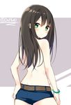  bangle bekotarou belt bracelet brown_hair green_eyes hands_on_hips highres idolmaster idolmaster_cinderella_girls jewelry long_hair looking_back shibuya_rin shorts solo topless twitter_username 