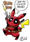  2018 3_toes 5_fingers actor_allusion belt clothed clothing deadpool dialogue english_text fully_clothed gun handgun hi_res holding_object holding_weapon looking_at_viewer marvel melee_weapon nintendo onomatopoeia pikachu pikapool pistol pok&eacute;mon pok&eacute;mon_(species) profanity ranged_weapon ronnieraccoon shooting simple_background solo sound_effects speech_bubble sword text toes video_games weapon white_background 