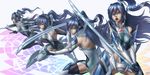  armor blue_hair bodysuit breasts closed_mouth covered_navel elbow_gloves gauntlets gloves highres kazanari_tsubasa long_hair medium_breasts one_side_up open_mouth power_suit purple_eyes senki_zesshou_symphogear sword thighhighs variations weapon zhen_long 