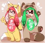  ;d animal_costume blush commentary_request domino_mask eromame fang fox_costume green_eyes green_hair holding_hands inkling leg_up long_hair mask multiple_girls one_eye_closed open_mouth pink_eyes pink_hair smile splatoon_(series) splatoon_1 tanuki_costume tentacle_hair translated twitter_username 