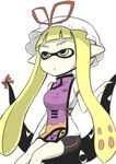  bike_shorts blonde_hair breasts domino_mask gap hat hat_ribbon highres inkling mask medium_breasts parody pointy_ears ribbon simple_background solo splatoon_(series) splatoon_1 touhou volkies yakumo_yukari yellow_eyes 