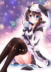  black_hair black_legwear blue_eyes braid costume cow cup hair_ornament hair_over_shoulder hood hoodie kantai_collection long_hair mug nogi_takayoshi shigure_(kantai_collection) single_braid solo star starry_background thighhighs 