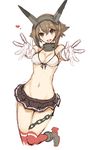  :d adapted_costume bikini_top blush boots brown_eyes brown_hair brown_skirt chain collar cropped_legs front-tie_top full_body gloves goekawa headgear heart kantai_collection leg_up looking_at_viewer midriff miniskirt mutsu_(kantai_collection) navel open_mouth outstretched_arms outstretched_hand pleated_skirt red_legwear short_hair simple_background skirt smile solo standing standing_on_one_leg thighhighs white_background white_gloves 